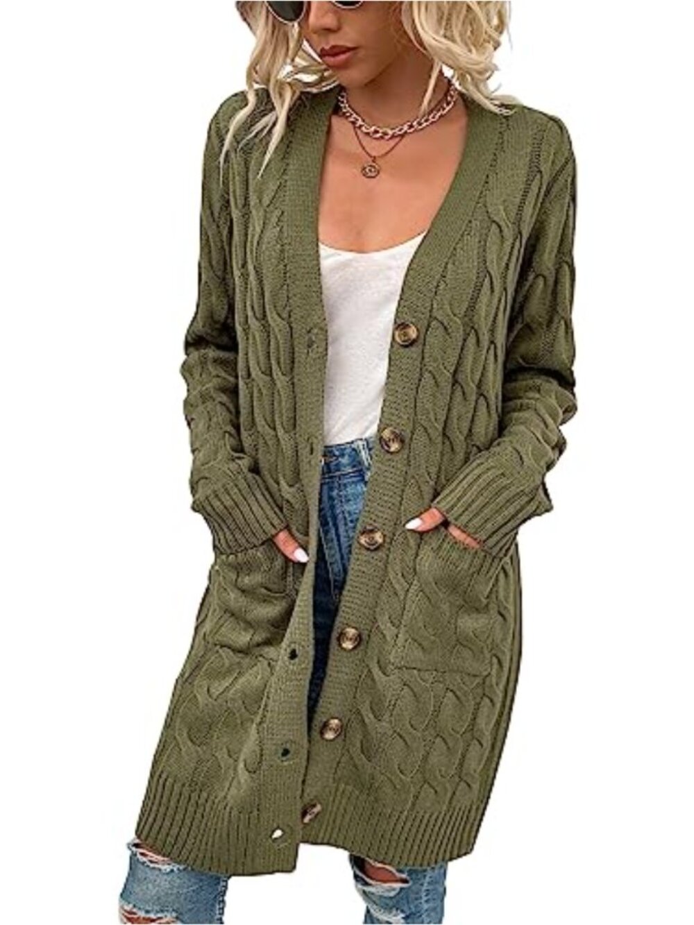 Womens Cable Knit Cardigan Long Sleeve Open Front Sweater with Pockets